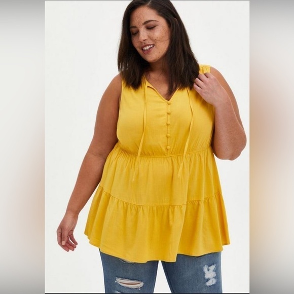 Torrid Women’s Tank Top 2X Yellow Boho Babydoll Sleeveless Button Front Tiered - Picture 3 of 16